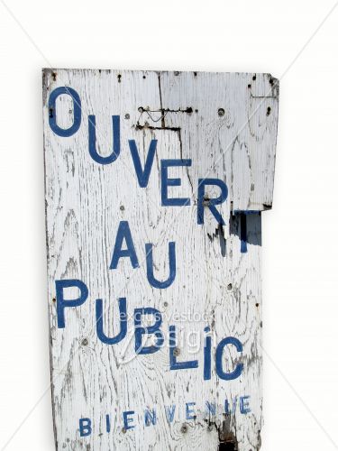 Pancarte bois ouvert public bleu fond blanc